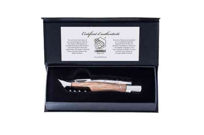 Laguiole lommekniv med proptrækker og skæfte i Oliventræ